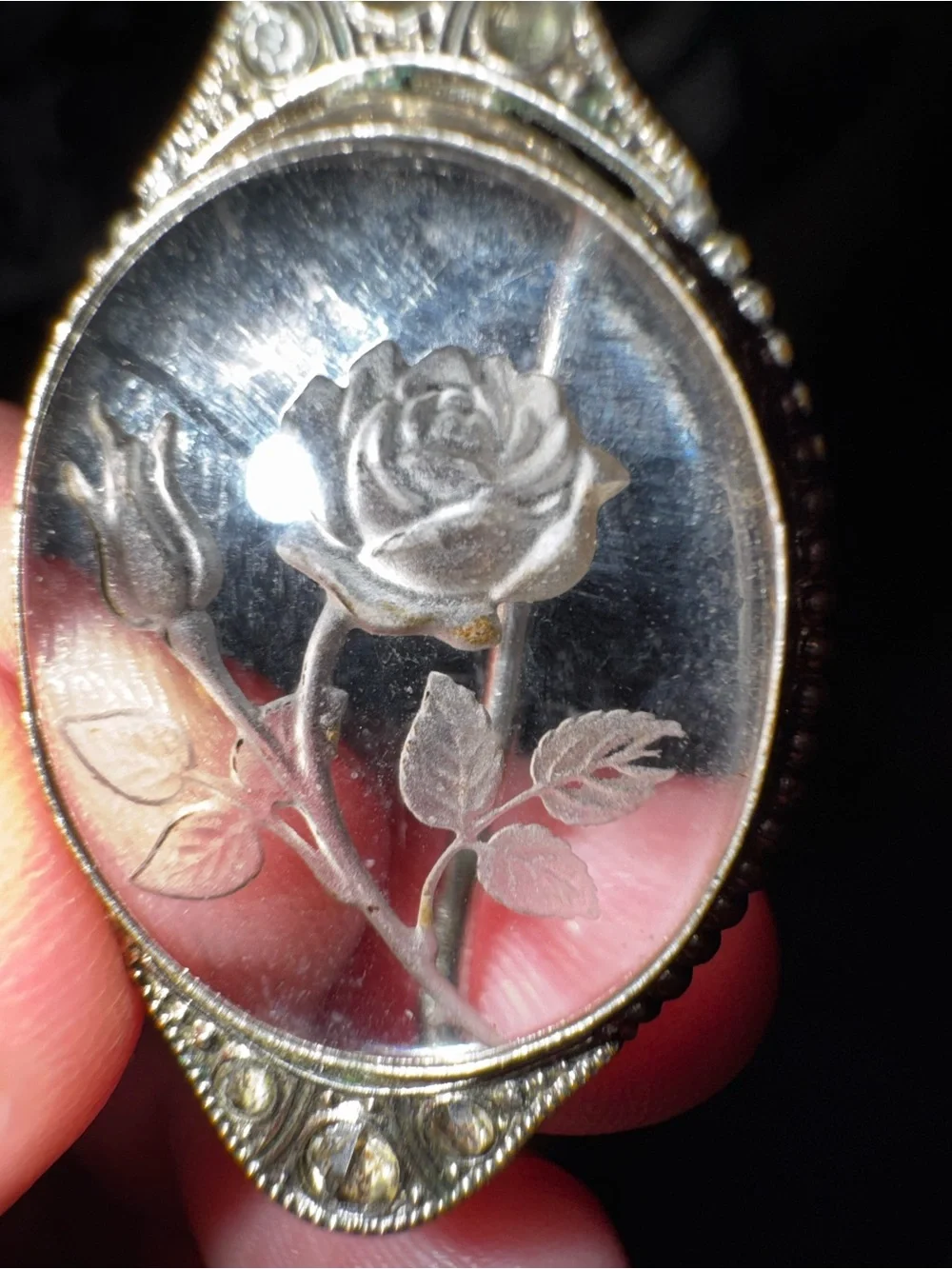 Vintage Gold Tone Clear Etched Rose Pin